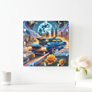 Reloj Cuadrado Vibrante Auto Del Músculo Azul Con El Fondo De La 