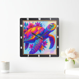Reloj Cuadrado Vibrante océano de tortugas multicolor