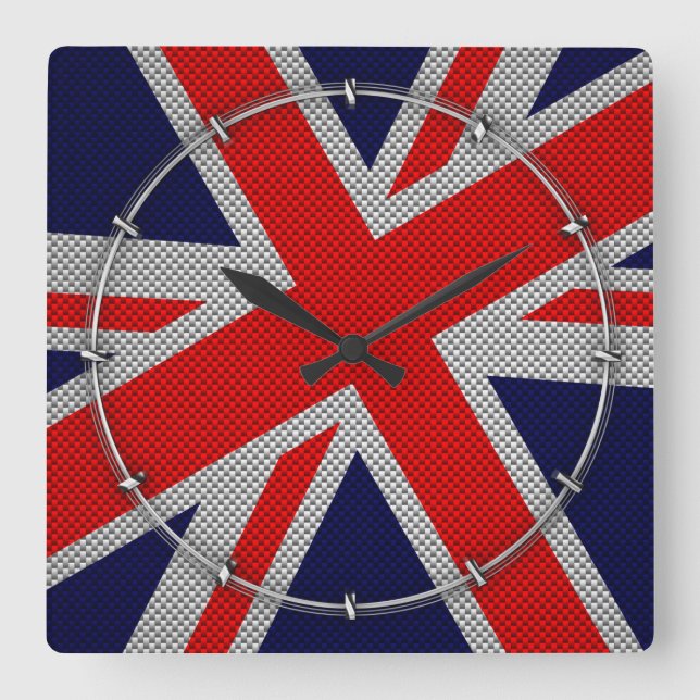 Reloj Cuadrado Vibrante Union Jack on Carbon Fiber Style Print (Anverso)
