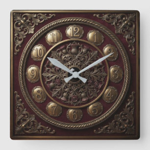 Reloj Cuadrado Victorian Style Burgundy and Bronze Filigree