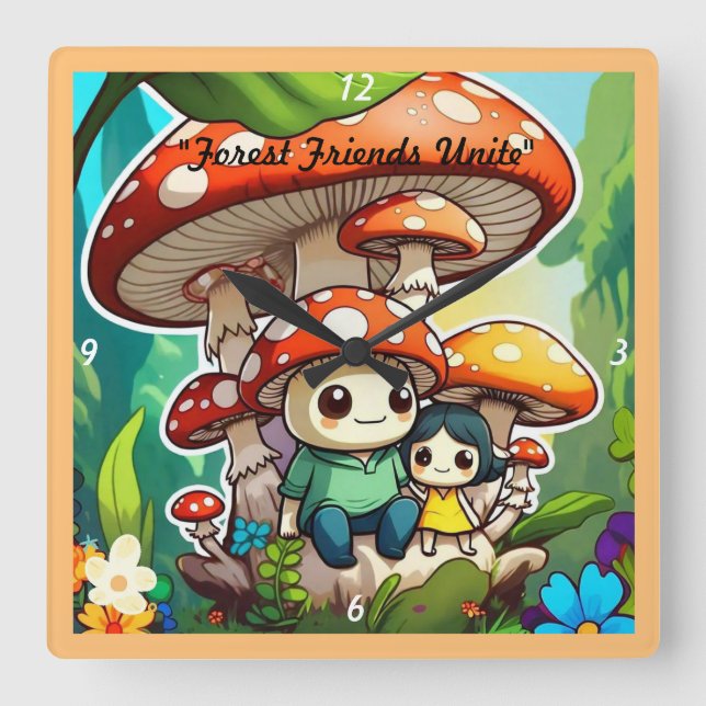 Reloj Cuadrado "Vida familiar en hongos" (Anverso)