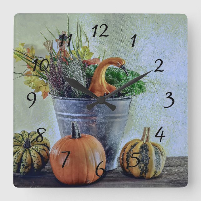 Reloj Cuadrado Vida residual del otoño con calabazas, flores (Anverso)