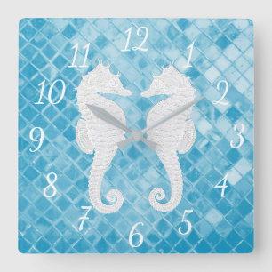 Reloj Cuadrado Vidrio azul del mar de los Seahorses blancos