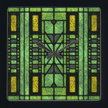 Reloj Cuadrado Vidrio con manchas Art Deco en verde y oro<br><div class="desc">Vidrio vintage de estilo art déco. Estos patrones de vidrio con plomo y manchas brillan en colores,  limón,  amarillo,  rojo y verde. La luz que brilla a través de un cristal translúcido ha sido una característica artística en lugares de culto a lo largo de la historia.</div>