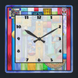 Reloj Cuadrado Vidrio manchado Art Deco 1<br><div class="desc">Reloj acrílico de pared de 10.75" x 10.75" con la imagen de una obra de arte de vidrio teñido con un toque Art Decó, que recuerda a ciertas obras de los años 20. Cara de reloj fácil de leer en cuadrado transparente blanco con un borde negro delgado. Vea toda la...</div>