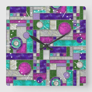 Reloj Cuadrado Vidrio manchado rosado de estilo Art déco Verde az