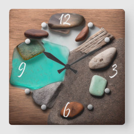 Reloj Cuadrado Vidrio marino Ocean Stones Driftwood Square Wall C