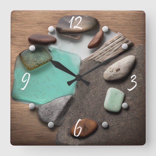 Reloj Cuadrado Vidrio marino Ocean Stones Driftwood Square Wall C (Anverso)