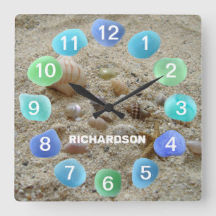 Reloj Cuadrado Vidrio marino y conchas marinas personalizadas en