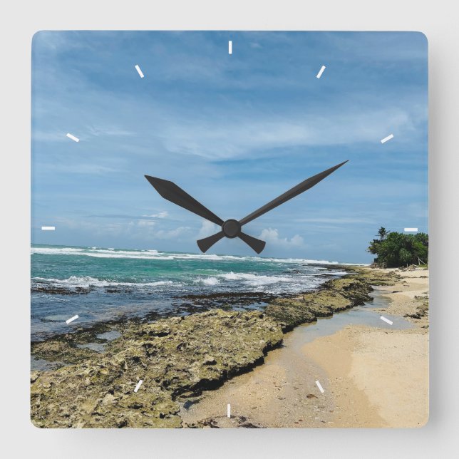 Reloj Cuadrado Vidrio marino y madera de playa Náutica - Azul Ver (Anverso)