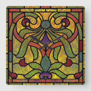 Reloj Cuadrado Vidrio pintado victoriano en verde y dorado