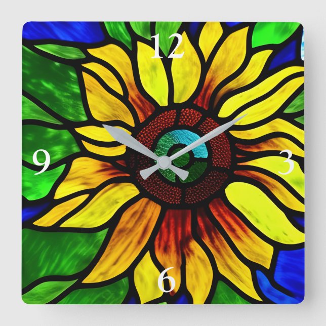 Reloj Cuadrado Vidrio Rústico Con Aspecto De País Girasol (Anverso)