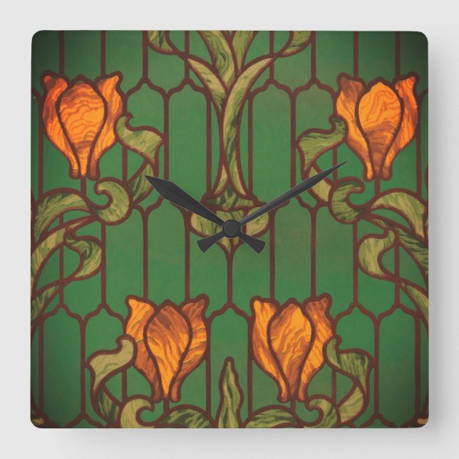 Reloj Cuadrado Vidrio tendido estilo arte floral flores nouveau (Anverso)