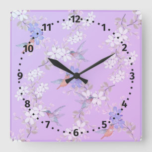 Reloj Cuadrado viintage birds purple botanical wallpaper