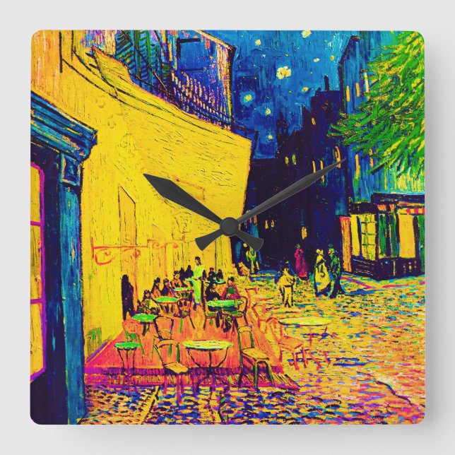 Reloj Cuadrado Vincent Van Gogh - Cafetería Con Arte Pop De Noche (Anverso)