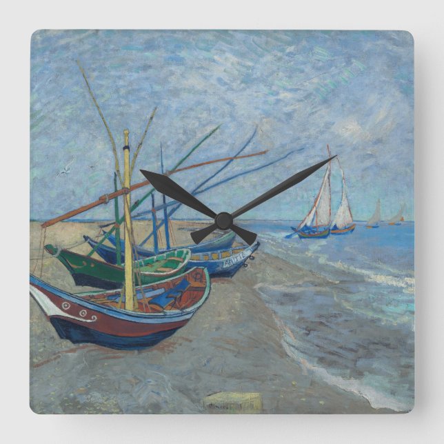Reloj Cuadrado Vincent Van Gogh - Fishing Boats on the Beach (Anverso)