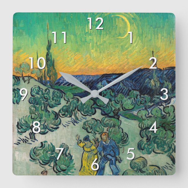 Reloj Cuadrado Vincent van Gogh - Paisaje iluminado por luna con  (Anverso)