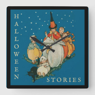 Reloj Cuadrado Viñeta Halloween Storytime Pequeña Bruja Gato Negr