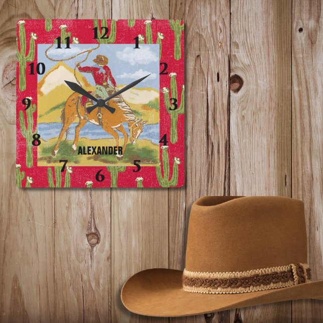 Reloj Cuadrado Viñeta Oeste Rodeo Arte Wild West Tema (Subido por el creador)