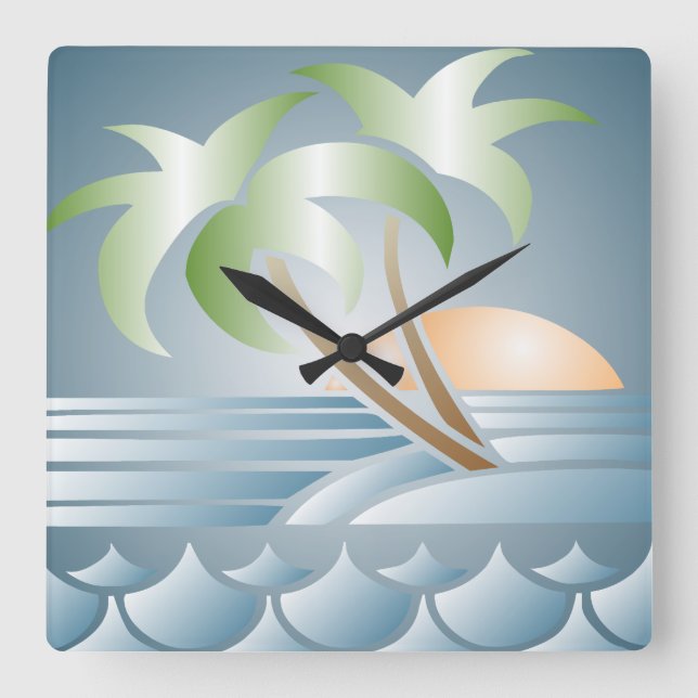 Reloj Cuadrado Vintage Art Decó Tropical Beach Wall Clock (Anverso)