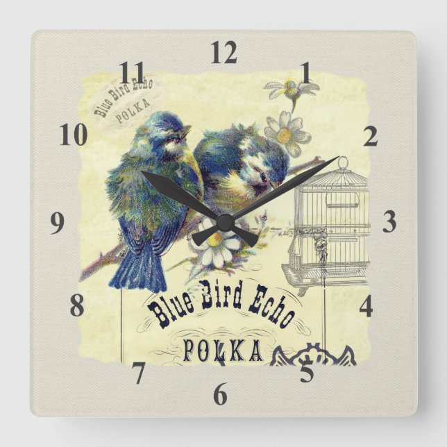 Reloj Cuadrado Vintage Blue Bird Birdcage Collage (Anverso)