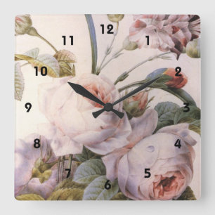Reloj Cuadrado vintage botanical illustration, pink rose