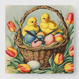 Reloj Cuadrado Vintage chichas de Pascua con tulipanes