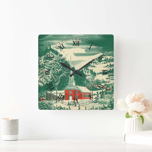 Reloj Cuadrado Vintage Christmas Church, Snowscape in Winter (Hogar)