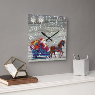 Reloj Cuadrado Vintage Christmas, Santa Claus Horse Open Sleigh