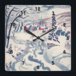 Reloj Cuadrado Vintage Christmas, Snowscape con Winter Village<br><div class="desc">Ilustracion Vintage Victorian Era Feliz Navidad navideña diseño de temporada de invierno con un pueblo nevado. Un río helado recorre el bosque,  los árboles están cubiertos de nieve y el hielo y las montañas están a lo lejos. ¡Felices fiestas y saludos de temporada!</div>