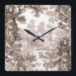 Reloj Cuadrado Vintage Cottage Paisaje Toile-Brown & White<br><div class="desc">Paisaje clásico vintage de estilo toile de jouy con una casa de campo rústica y un puente en un claro enmarcado por un bosque de árboles en tonos claros y marrones oscuros sobre fondo blanco. El patrón no tiene fisuras y puede ampliarse o reducirse.</div>