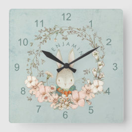 Reloj Cuadrado Vintage Cute Bunny Florals Nombra Nursera De Niño
