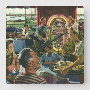 Reloj Cuadrado Vintage Family Dinner en una cena con jukebox