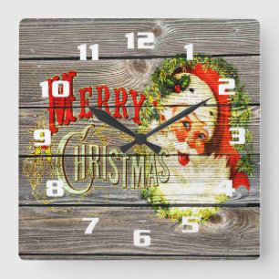 Reloj Cuadrado Vintage Feliz Navidad y Papá Noel en la vieja made