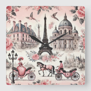 Reloj Cuadrado Vintage francés Pink toile Square Wall Clock