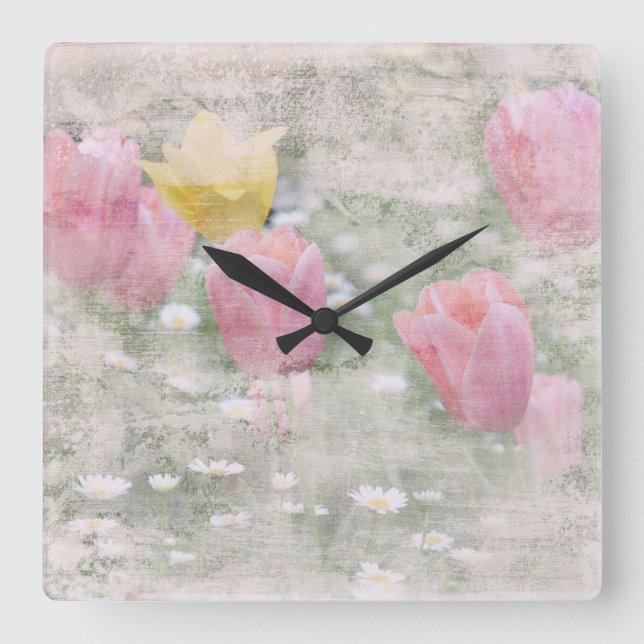 RELOJ CUADRADO VINTAGE GRUNGE TULIPS (Anverso)