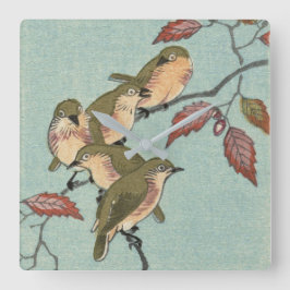 Reloj Cuadrado Vintage Japanese Fine Art | Green Birds