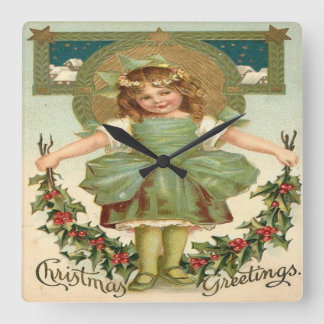 Reloj Cuadrado Vintage Little Girl Christmas Greeting