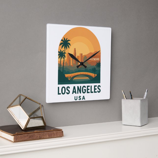 Reloj Cuadrado Vintage Los Angeles Travel – Retro Hollywood  (Oficina)