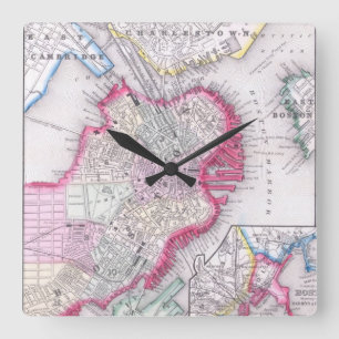 Reloj Cuadrado Vintage Map of Downtown Boston (1864)