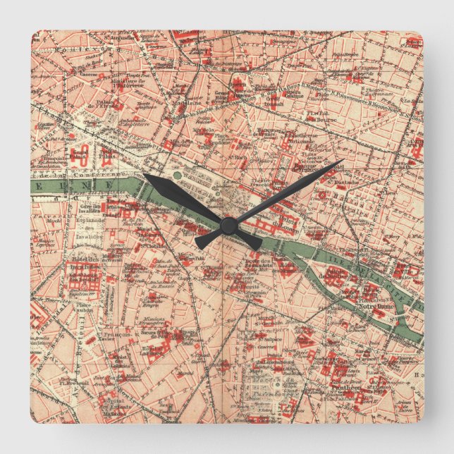 Reloj Cuadrado Vintage Map of Paris France (1910) (Anverso)