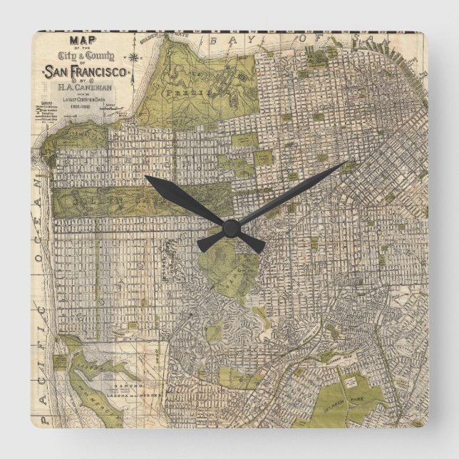 Reloj Cuadrado Vintage Map of San Francisco (1932) (Anverso)