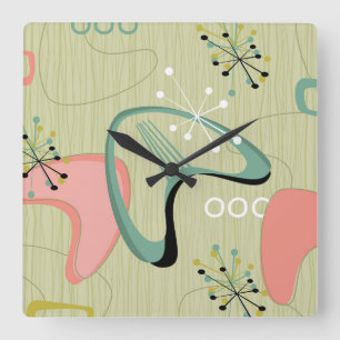 Reloj Cuadrado Vintage Mid Century Moderno Sputnik Pink Green