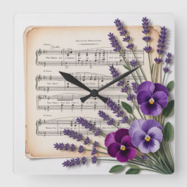 Reloj Cuadrado Vintage Music and Lavender Pansies Floral