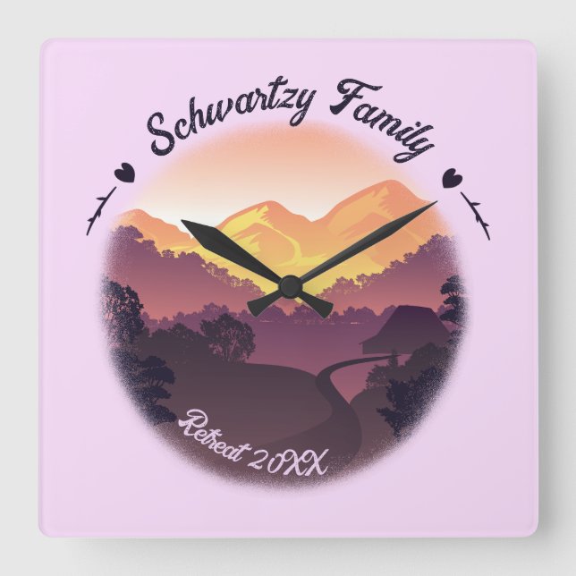 Reloj Cuadrado Vintage Purple Yellow Farmhouse Mountain Sunset (Anverso)