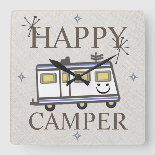 Reloj Cuadrado Vintage Retro Happy Camper Wall Clock (Anverso)