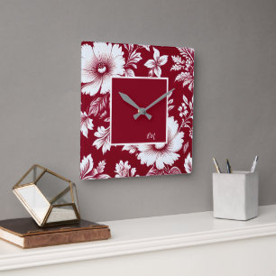 Reloj Cuadrado Vintage rojo y blanco Hermosas flores de jardín