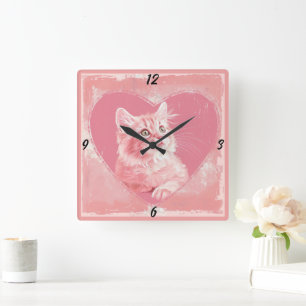 Reloj Cuadrado Vintage rosa lindo Kitten Heart Square Wall Clock
