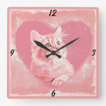 Vintage rosa lindo Kitten Heart Square Wall Clock
