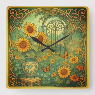 Reloj Cuadrado Vintage Sunflower Garden Butterflies Art Nouveau
